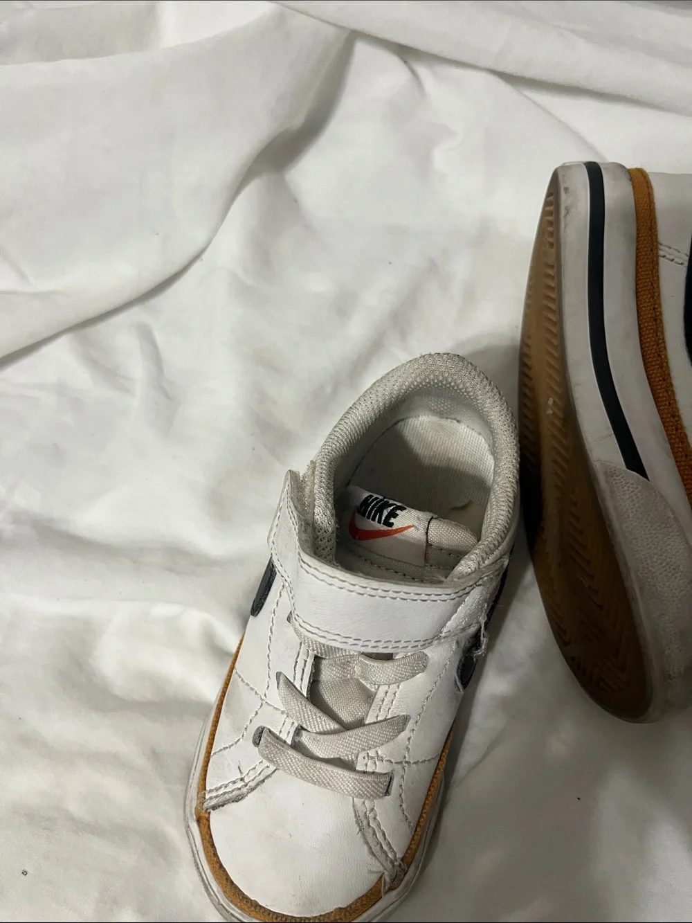 Nike Court Legacy Kids White Sneakers with Black Swoosh and Tan Accent